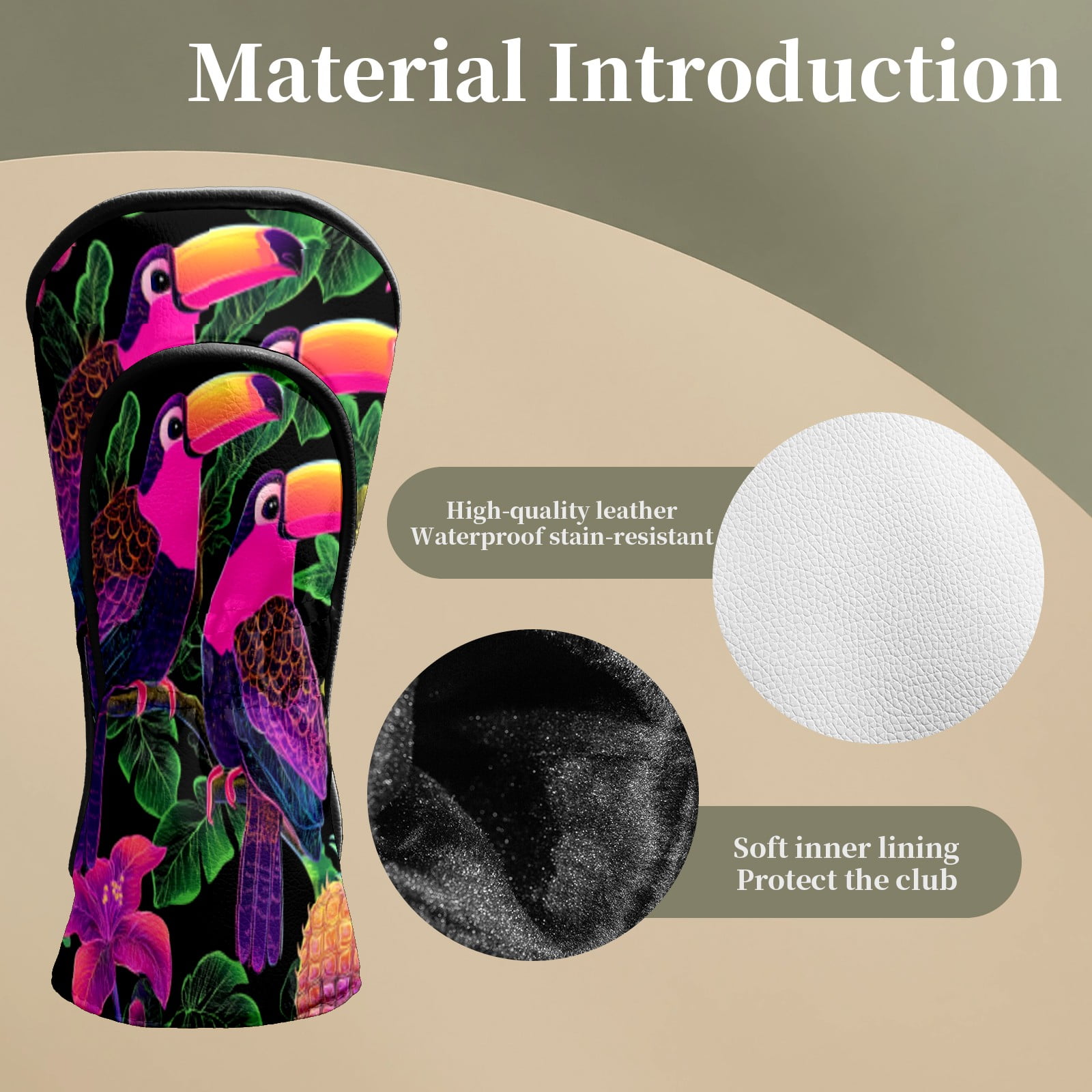 Golf Head Covers for Woods and Driver Waterproof Leather Golf Club Head Covers for Women Men Golf Driver Fairway Wood Headcover Purple Toucan Floral Mural