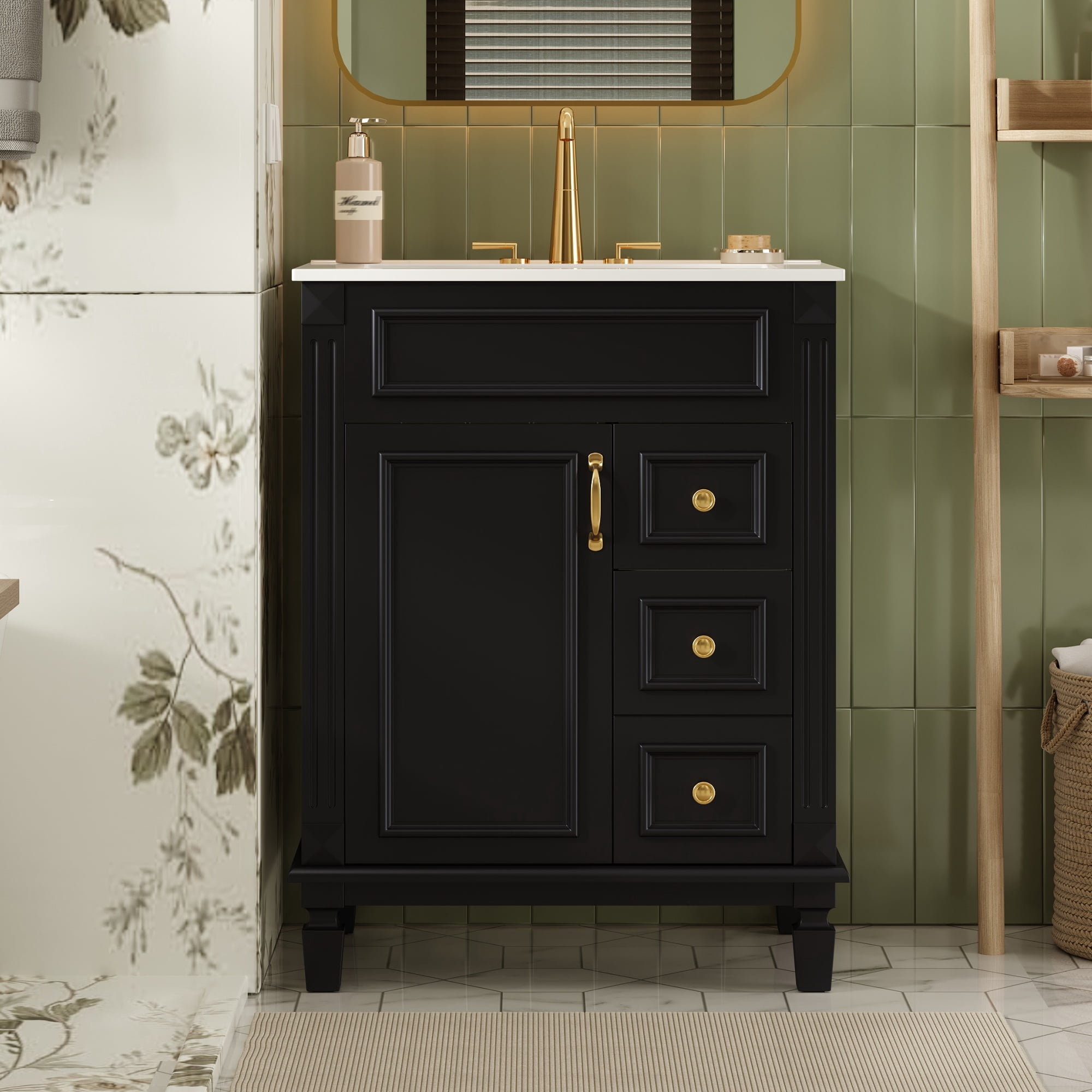 Euroco 24" Bathroom Vanity with Ceramic Sink, Small Bathroom Sink Cabinet, Modern Cabinet with 2 Drawers and Adjustable Shelf