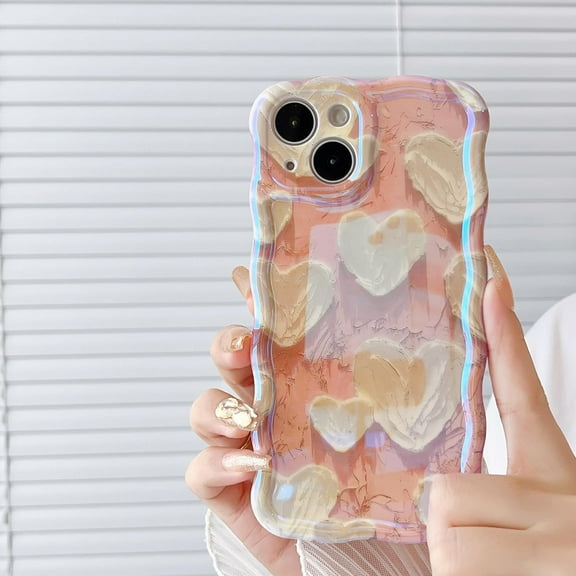 Case for iPhone 11,Cute Beige Hearts Retro Pink Oil Painting Laser Curly Wave Edge Glitter Case,Shockproof Camera Protective TPU Slim Case,for iPhone 11 Case 6.1 inches