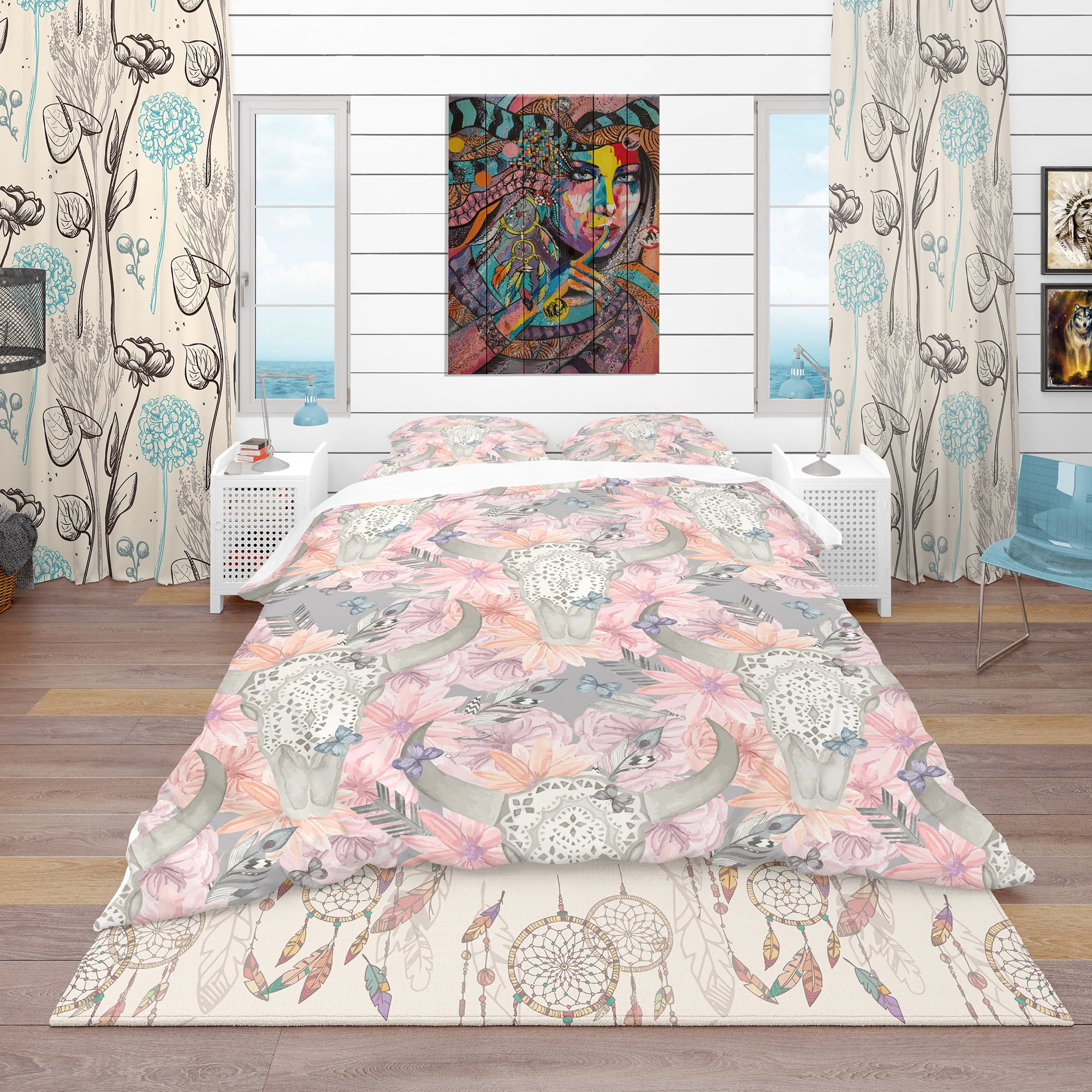Designart 'Skull Bull in Flowers' Bohemian & Eclectic Duvet Cover Set