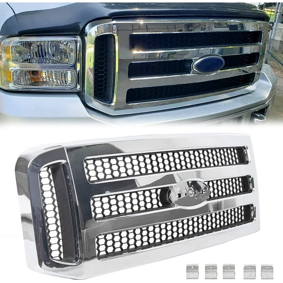 Kojem Front Grille Assembly for Ford 2005-2007 SuperDuty F250 F350 F450 F-250 F-350 F-450 Chrome With Gray Honey Comb Replacement for #FO1200456 5C3Z8200BAA (Without Emblem)