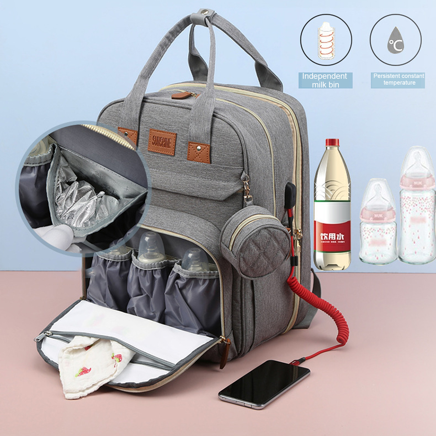 Diaper Bag Backpack – Large Capacity Baby Diaper Bag with Changing Pad, Waterproof Travel Backpack for Boys & Girls, Multi-Function Baby Bag with USB Charging Port, Grey