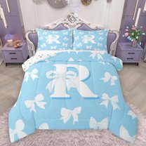 Manfei Kawaii Bow Letter R Full Size Comforter Sets for Girl, Blue Cartoon Monogrammed Bedding Comforter Set, Cute Princess Bow-tie Reversible Bedding Sets, Super Cozy Room Decor, 3 Pieces