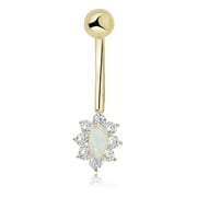 AVORA 10K Yellow Gold Oval-shaped Simulated Opal and Simulated Diamond CZ Belly Button Ring Body Jewelry (14 Gauge)