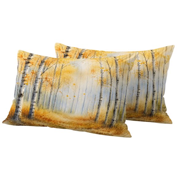 Yellow Fall Forest Outdoor Pillow Covers 20x12 Set of 2, Waterproof Patio Throw Pillowcase Protectors, Autumn Trees Vintage Cottagecore Lumbar Decorative Pillow Shams Cushion Covers for Seat Couch