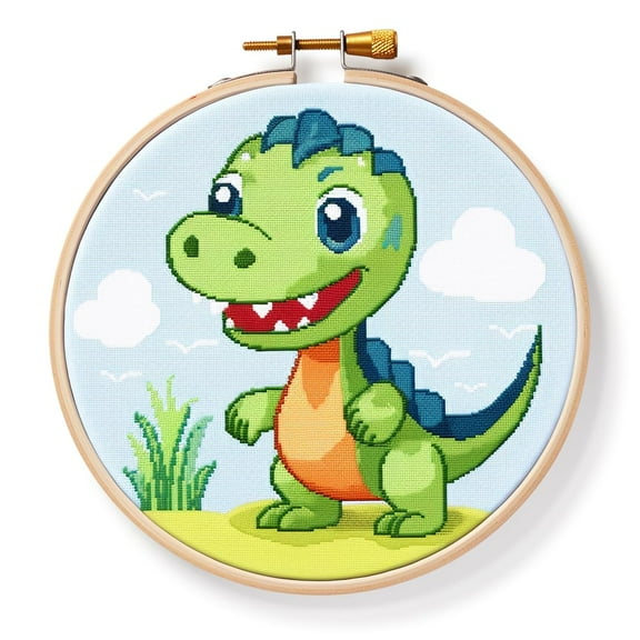 Cartoon Simple Dinosaur DIY 11CT Stamped Cross Stitch Kits Easy for Beginners Children with Hoop Needlepoint Counted Embroidery Kits Art Craft Wall Decoration 12x12inch(6)