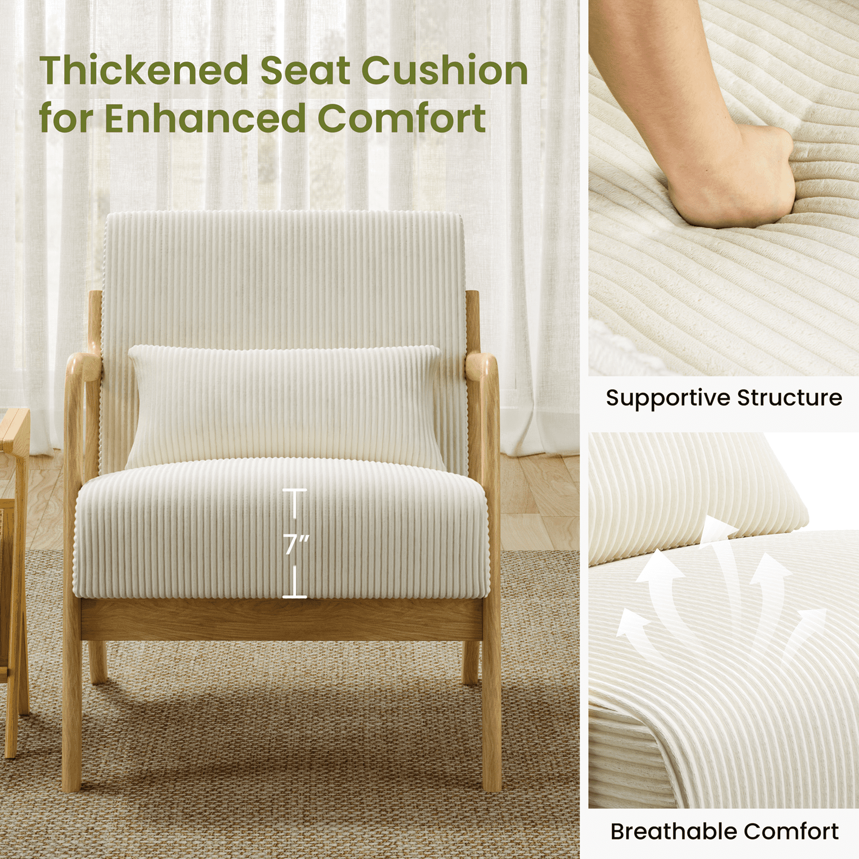 Renwick Mid-Century Corduroy Accent Chair, Modern Armchair with Wood Frame and Pillow for Living Room Bedroom Furniture, Set of 2, Beige