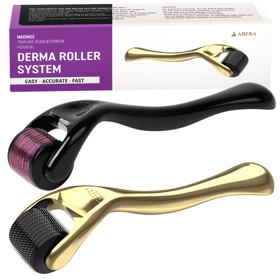 Abera 540 Microneedle Roller for Face Care, Body, Beard and Hair, 2 Pack (1 Gold   1 Black)