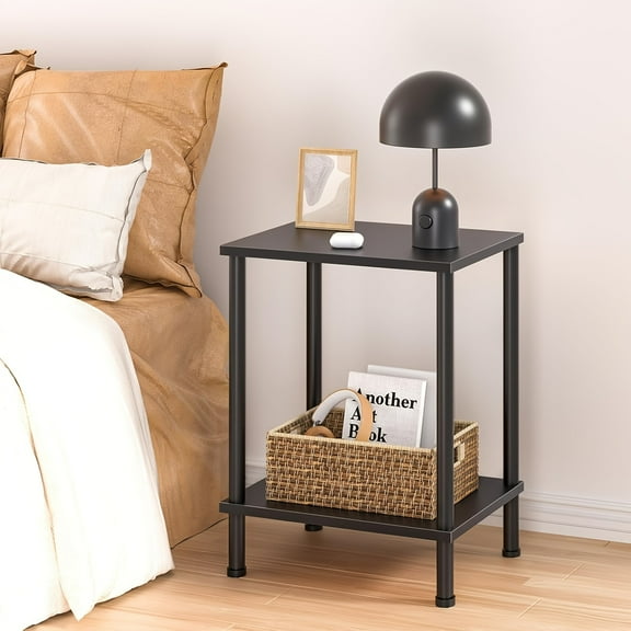 Compact 2-Tier Sofa Bedside Table for Small Spaces - Black Modern Nightstand with Storage Shelf, Engineered Wood & Fiberboard Construction, Easy Assembly 27" Height for Living Room, Bedroom & Office