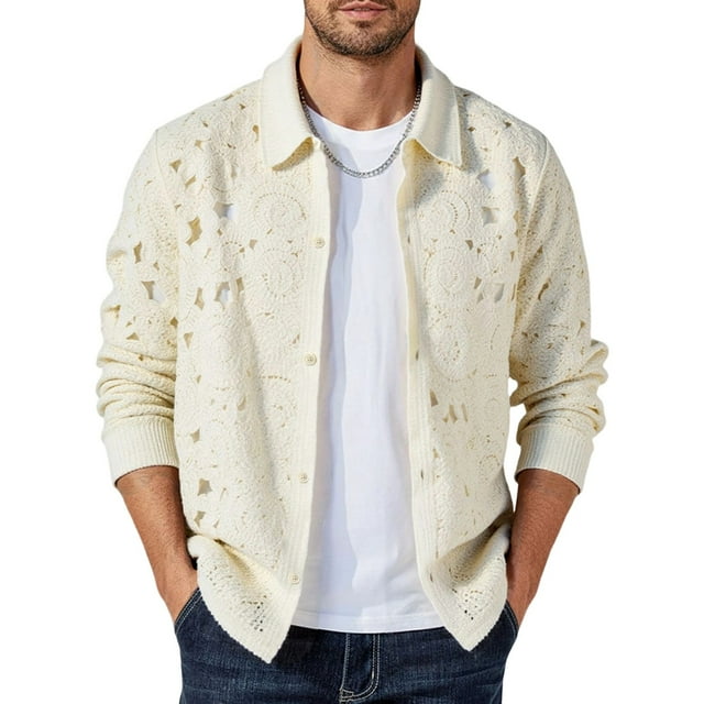 Men's Casual Knit Shirt with Button Up Closure, Long Sleeved and Comfortable for Everyday Wear, Features Hollowed Out Pattern for Style