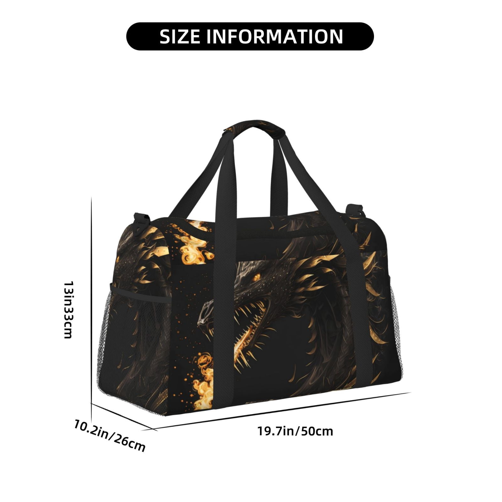 Fuzoiu Black And Gold Fire Dragon Print Travel Duffle Bag,Carry On Tote Bags,Duffel Bag,Sport Gym Bag, Hospital Bag for Labor and Delivery, Overnight Bag,Luggage Bag