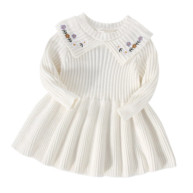 Felwors Robe Princesse en Coton Tricoté pour Bébé Fille Automne Hiver Manches Longues Col Fleuri Vêtements