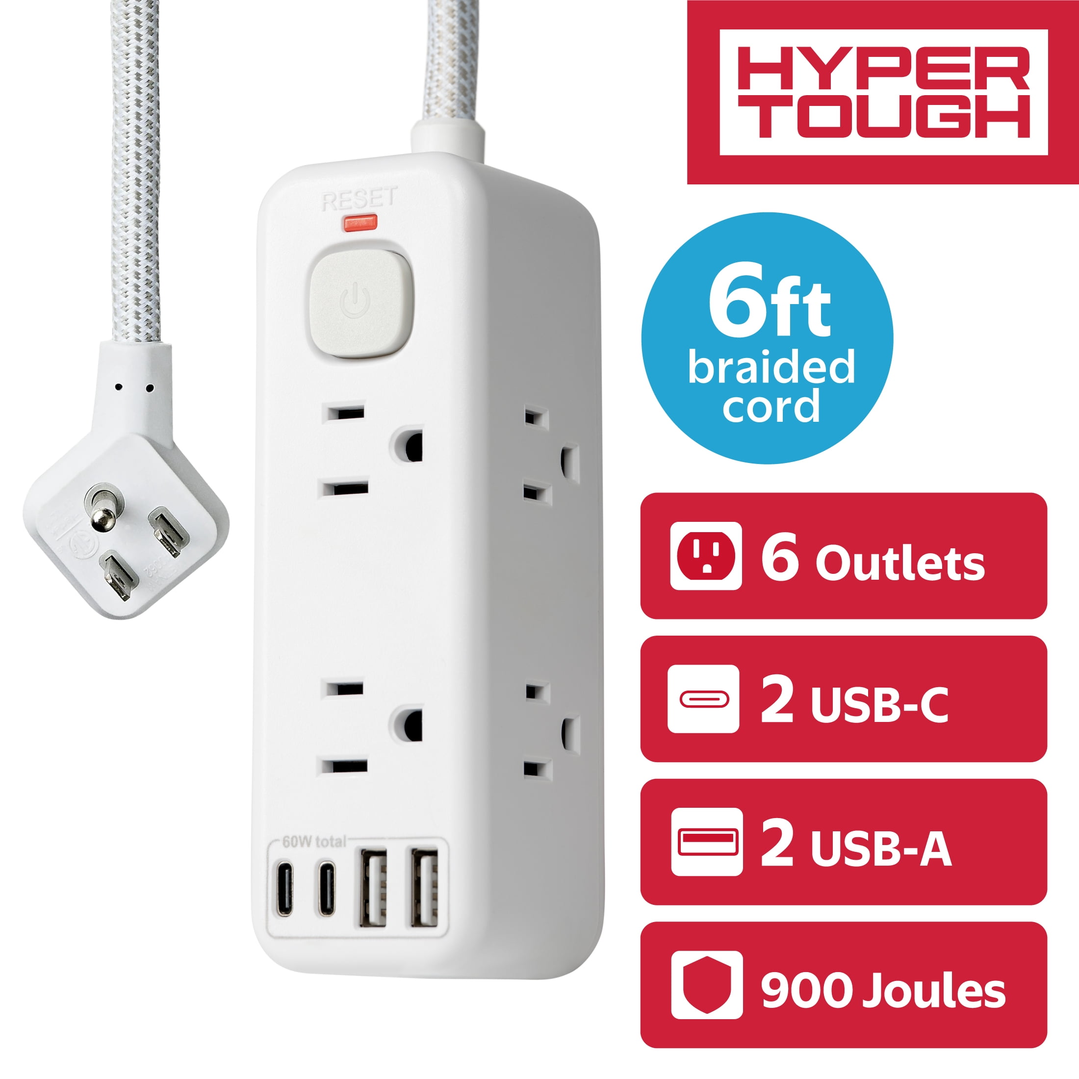 (2 pack) Hyper Tough USB Power Strip, 6ft Extension Cord, 6 Outlet, USB-A, USB-C, 900J Surge Protector, White