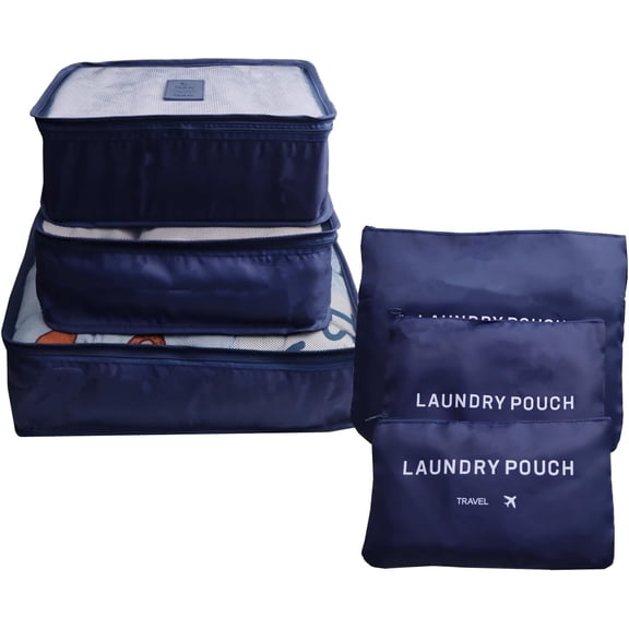 XiHAMA 6 PCS Packing Cubes for Carry on Luggage - Travel Packing Organizers Set, Navy Blue Polyester Mesh & Laundry Bags with Double Zipper & Portable Handle