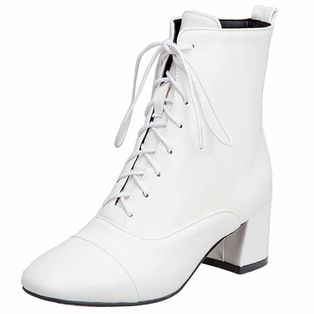 Bottines Mode pour Femmes à Talon Carré Uni en PU, Bout Rond, à Lacets, pour Tenue Décontractée, Marche en Plein Air, Fête