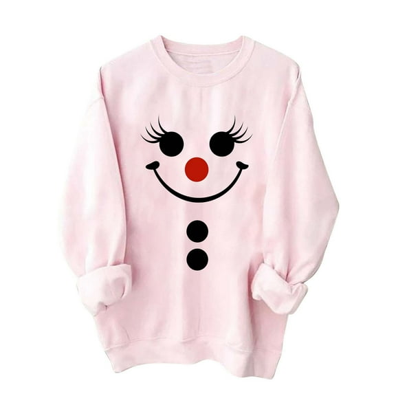 successthop Christmas Sweatshirt Women Snowman Face FLeece Crewneck Long Sleeve Sweaters Pullover Clothes Print Top Pink