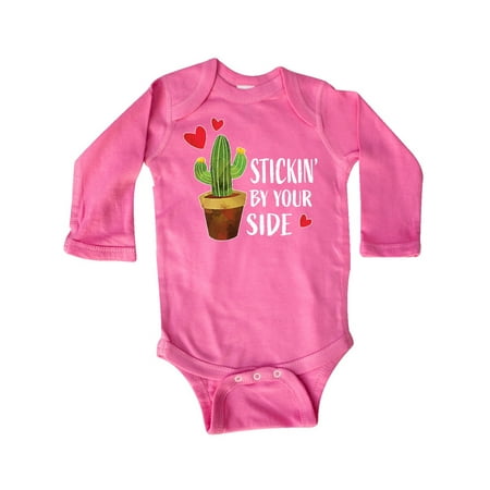 

Inktastic Valentines Day Stickin By Your Side with Cactus and Hearts Gift Baby Boy or Baby Girl Long Sleeve Bodysuit