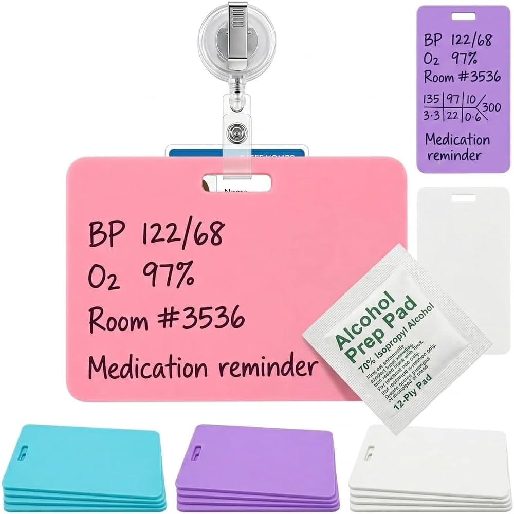 Erasable Badge Note, Erasable Silicone Badge Note, Ballpoint Pen Write & Alcohol Erasure, Reusable ID Card Badges Reel Notepad, Portable Quick Note Taking Pad for Nurses, Doctors (4pcs, Vertical)