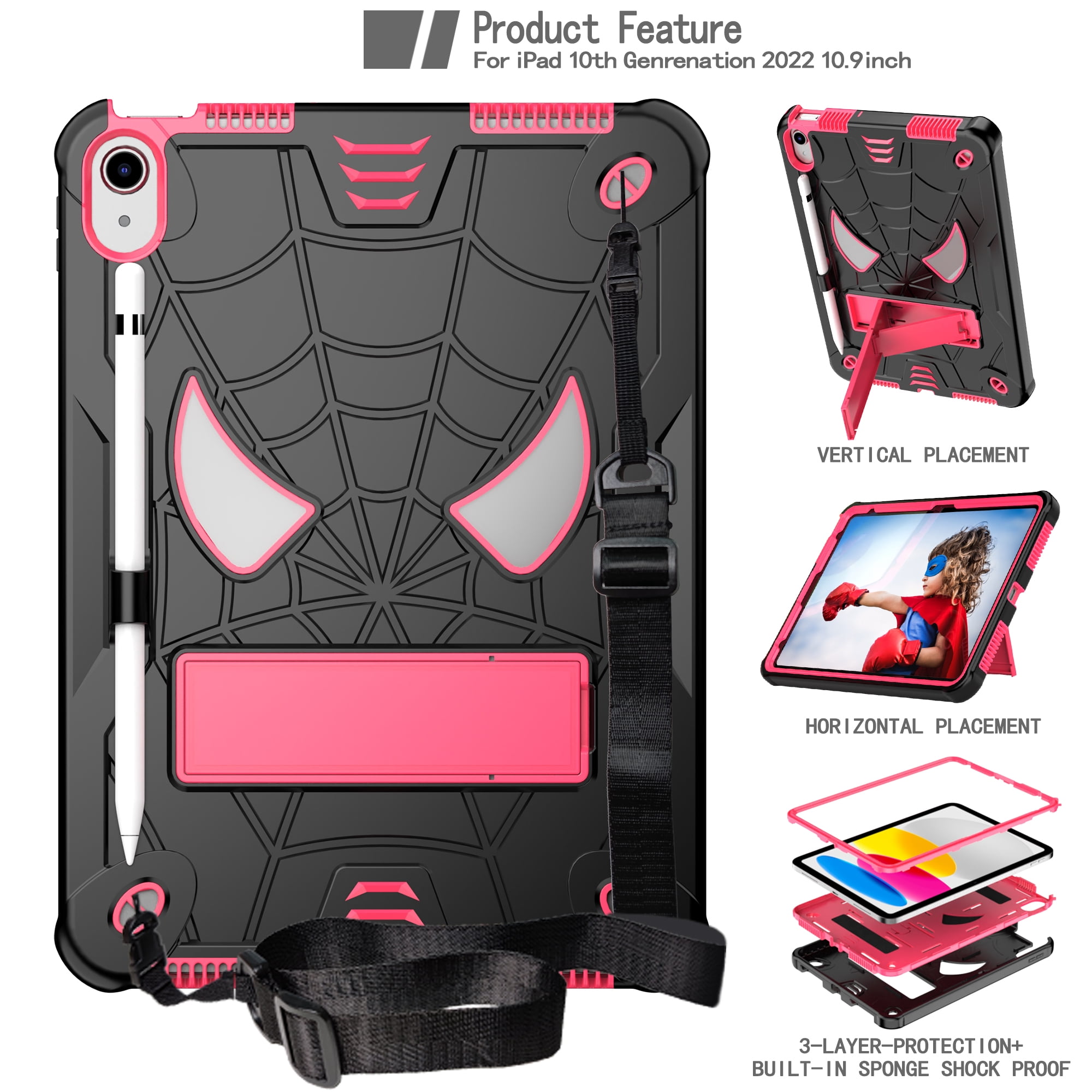 Rugged Shockproof Protective Case for Apple iPad A16 11th Gen 11" 2025 & iPad 10th Gen 10.9" - Heavy Duty 3-Layer Armor, Built-in Kickstand, Shoulder Strap, Pencil Holder, Shock Absorption,Black+Rose
