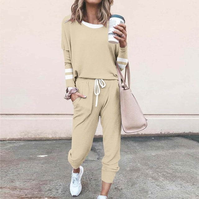 Frostluinai Workout Sets for Women Long Sleeve Striped Lounge Sets Two Piece Elastic Waist Drawstring Running Sweatsuits Plus Size Sets with Pocket