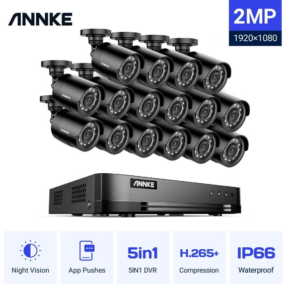 ANNKE Surveillance Camera System,16 Channel 5-in-1 DVR with 10pcs Wired 1080p HD Indoor Outdoor Cameras with IR Night Vision
