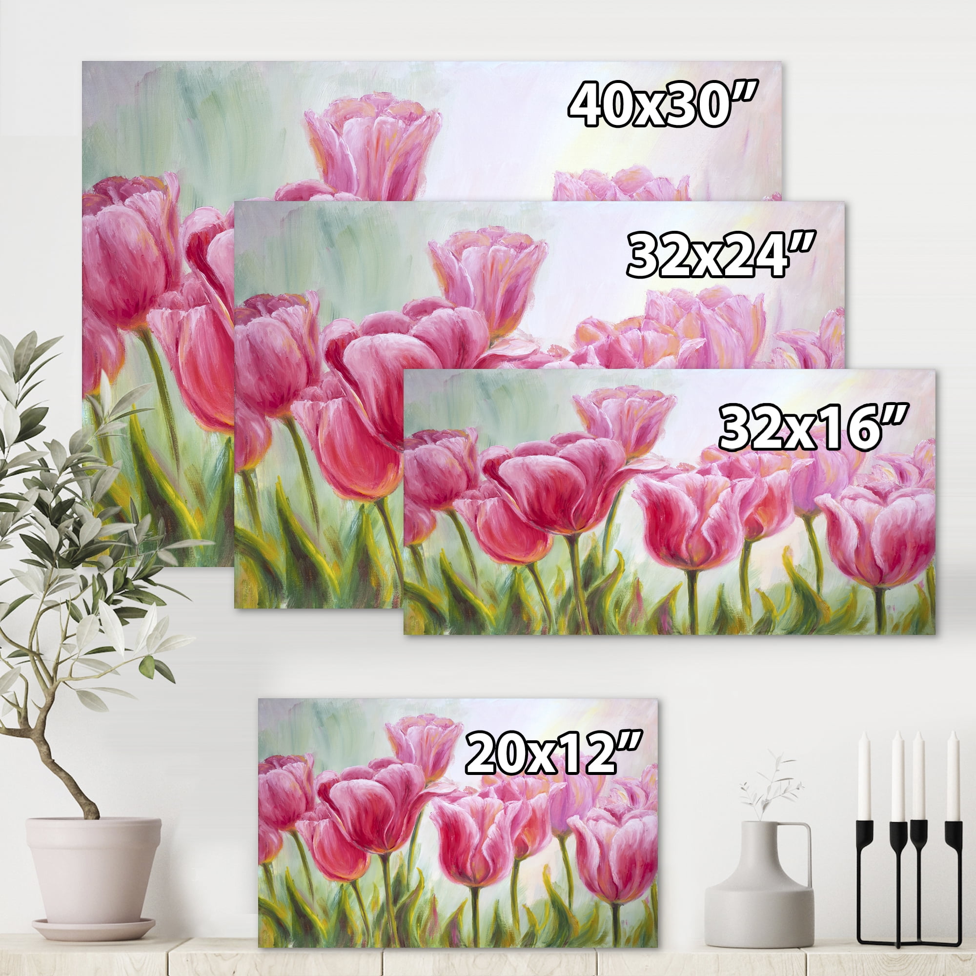 Designart ' Blossoming Red and Pink Tulips Flowers ' Traditional Canvas Wall Art Print