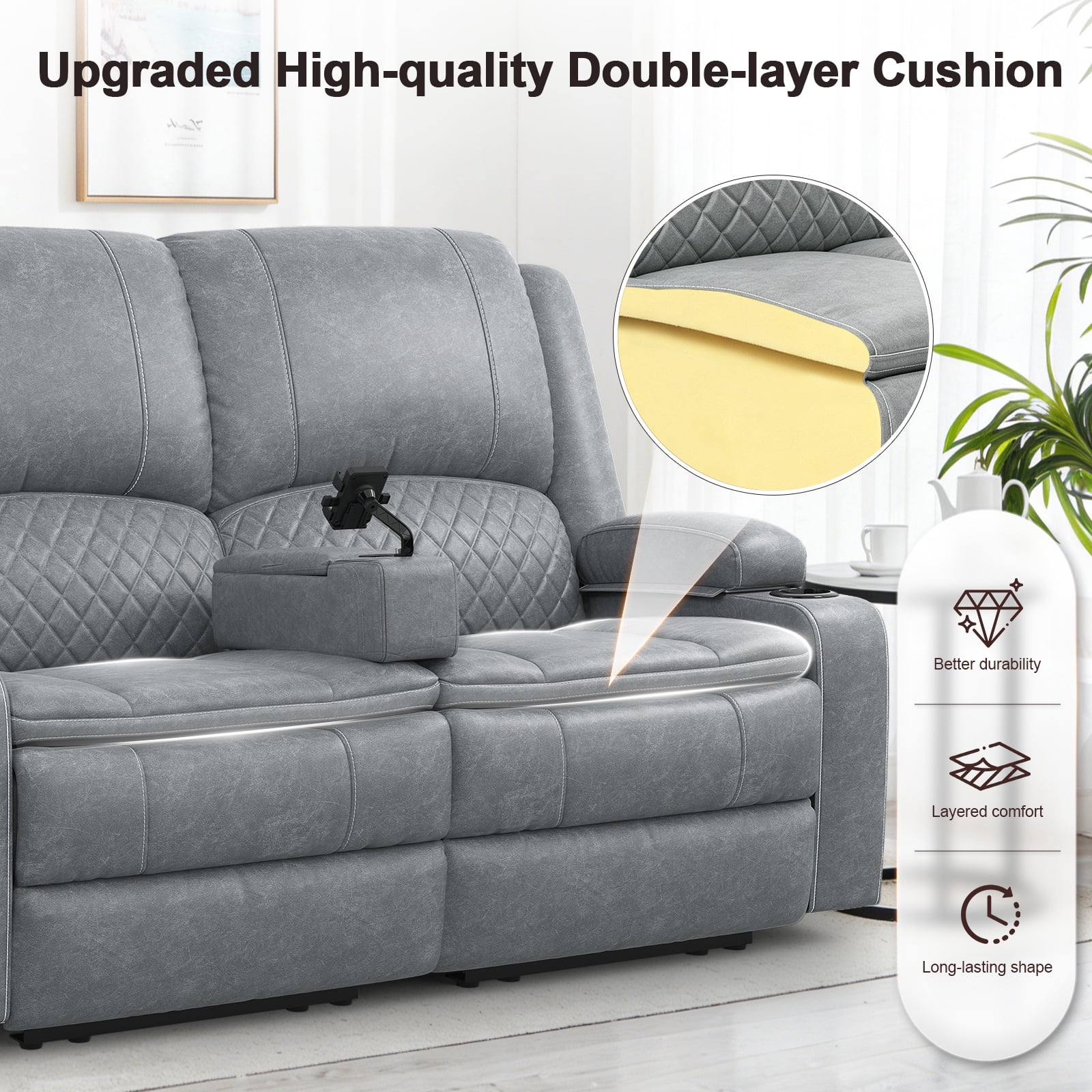 Power Reclining Loveseat with USB Port, Storage Console, Removable Armrests, Wall-Hugger Design, Double Cushions Faux Leather, Light Gray