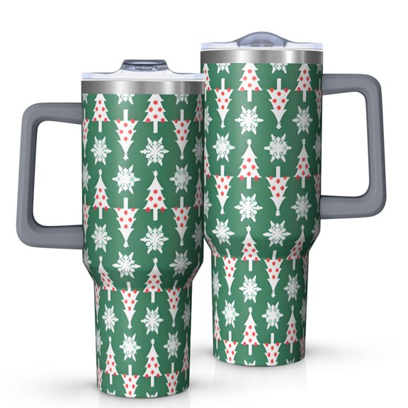 Green Christmas Tree and Snowflake Pattern Tumbler with Handle and Lid,40oz Double Wall Vacuum Insulated Tumbler,Cups Gift for Women and Men