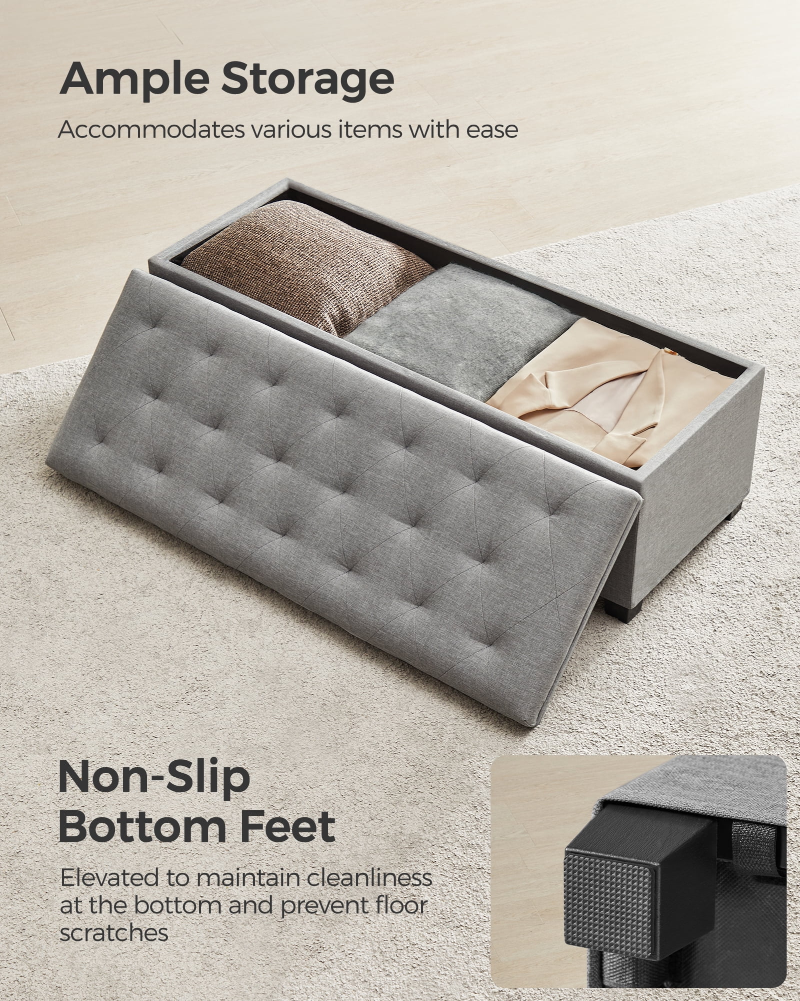 SONGMICS 43.3" Storage Ottoman Bench Ottoman with Storage Hold up to 660lbs Bedroom Bench for Entryway Living Room Light Gray