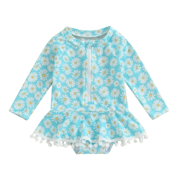 Bagilaanoe Toddler Baby Girl One-Piece Swimsuit Flower Print Long Sleeve Zipper Rashguard Swimwear 6M 9M 12M 18M 24M 3T Kids Ruffle Bathing Suit