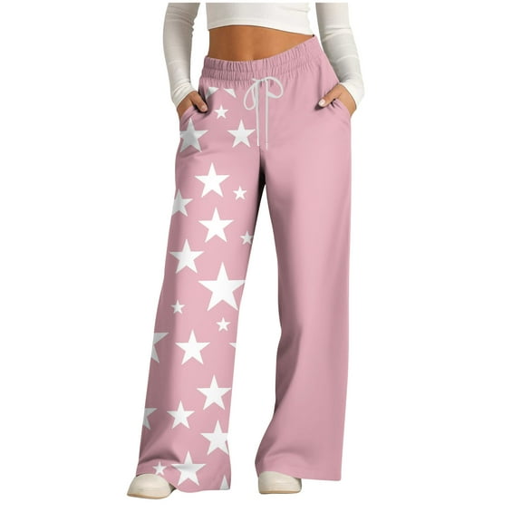 Womens Wide Leg Sweatpants Fashion Stars Print Patchwork High Waisted Baggy Lounge Pants Athletic Flared Joggers