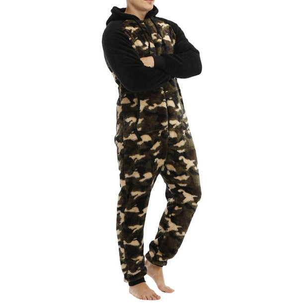 Pijama de camuflaje de terciopelo de doble cara con capucha informal para hombre, traje unido con cremallera Pompotops oipoqjl29305