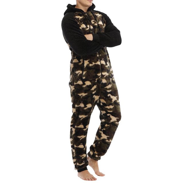 Pijama de camuflaje de terciopelo de doble cara con capucha informal para hombre, traje unido con cremallera Pompotops oipoqjl29305