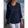 thumbnail image 4 of Womens 3/4 Sleeve Shirts Cotton Linen Roll Up Short Sleeve Tops V Neck Casual Loose Fit Blouses Navy Blue XXXL, 4 of 5