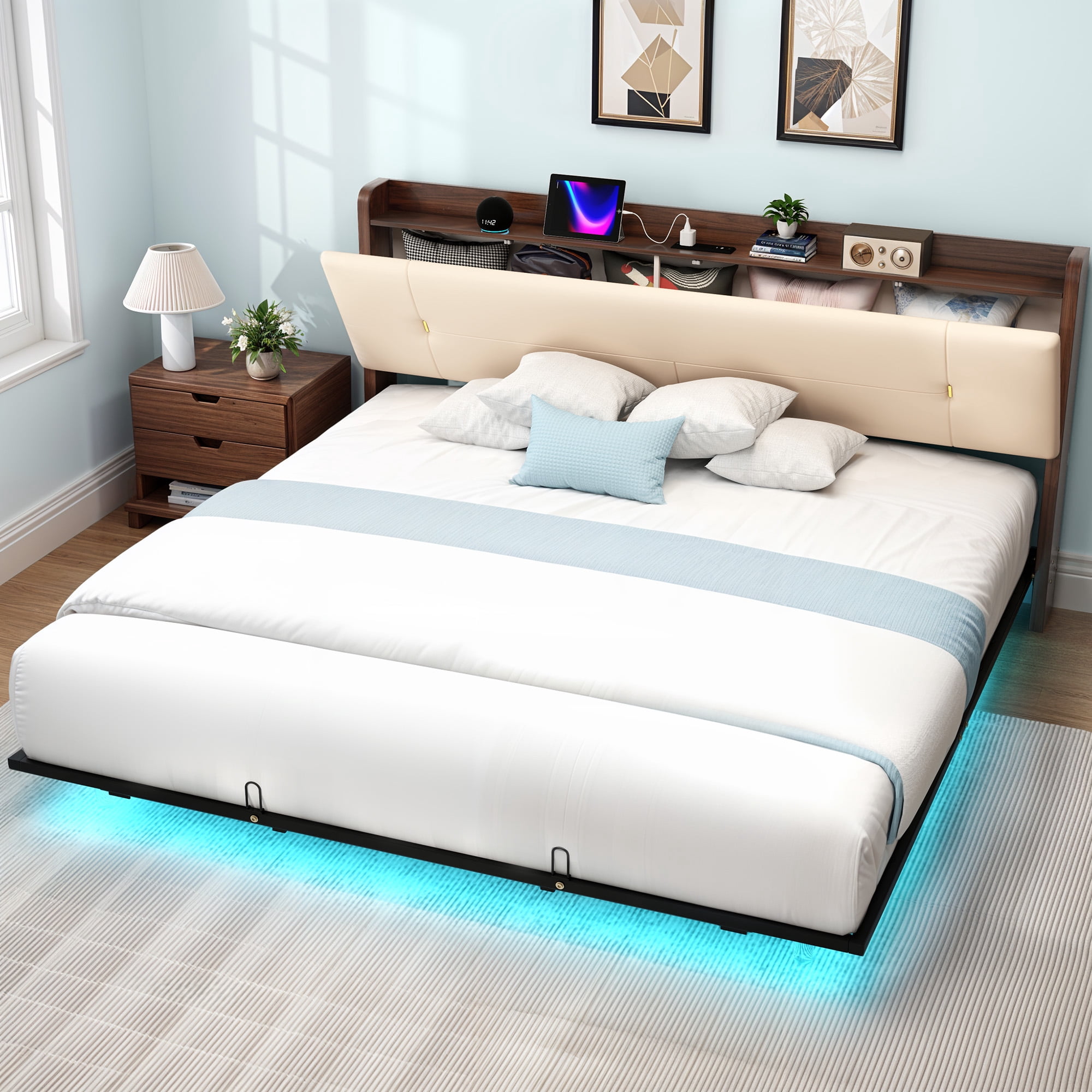 Uforic Beige Faux Leather King Bed Frame with LED Lights & Charhing Ports, Storage