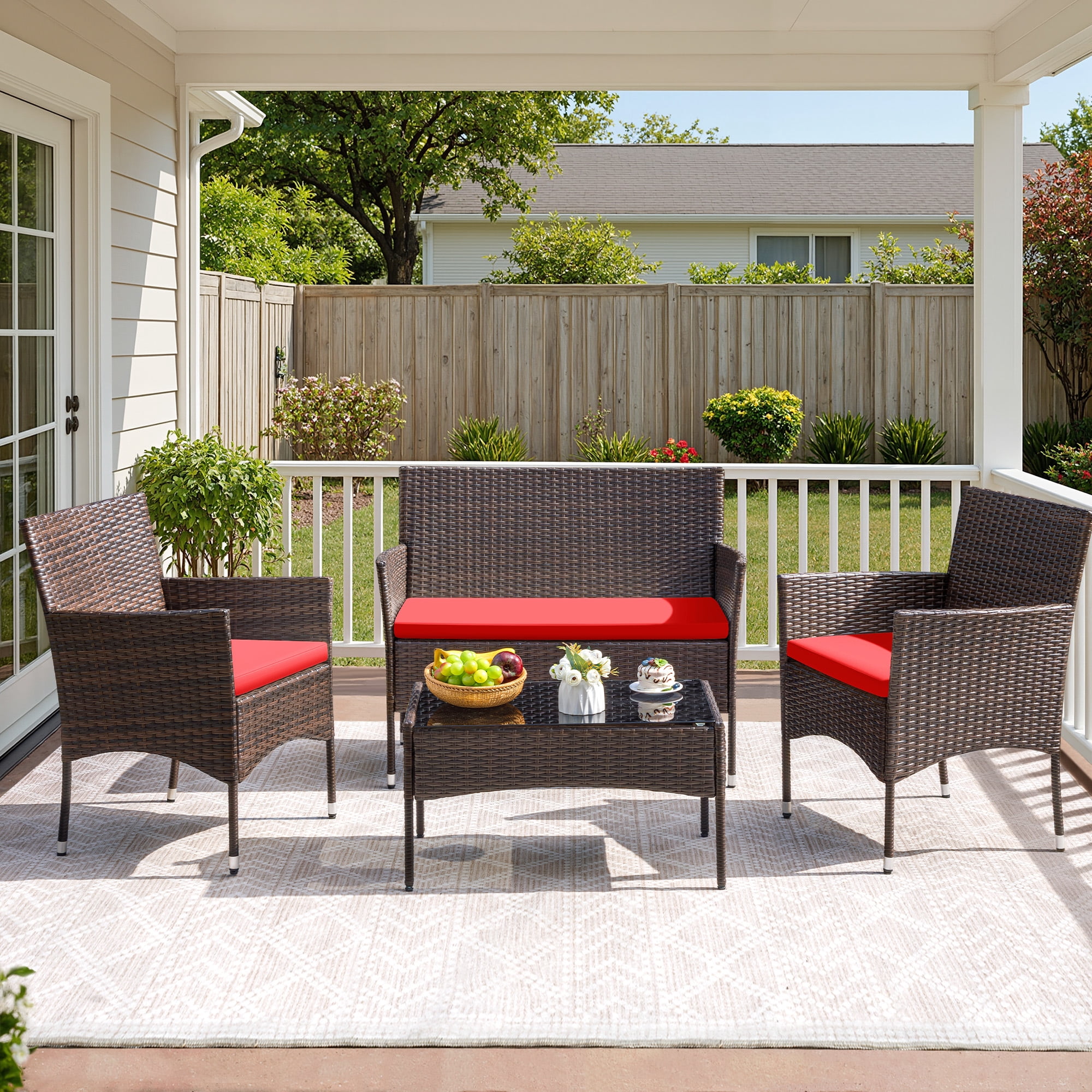 Vineego 4 4PCS Patio Furniture Set Outdoor Conversation Rattan Chairs with Cushion and Loveseat Glass Table for Garden Backyard Porch, Brown/ Red