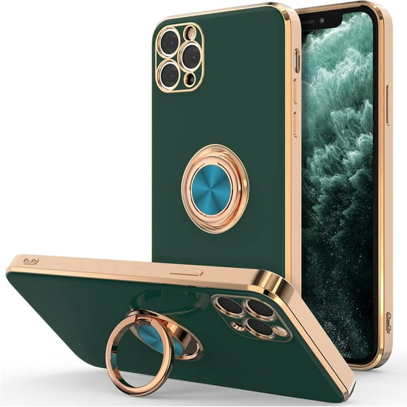 Case for iPhone 11 Pro Max Case with Ring Stand, Plating Rose Gold Edge 360° Rotatable Ring Holder Magnetic Kickstand Cover, Slim Soft TPU Luxury Protective Phone Case, Green