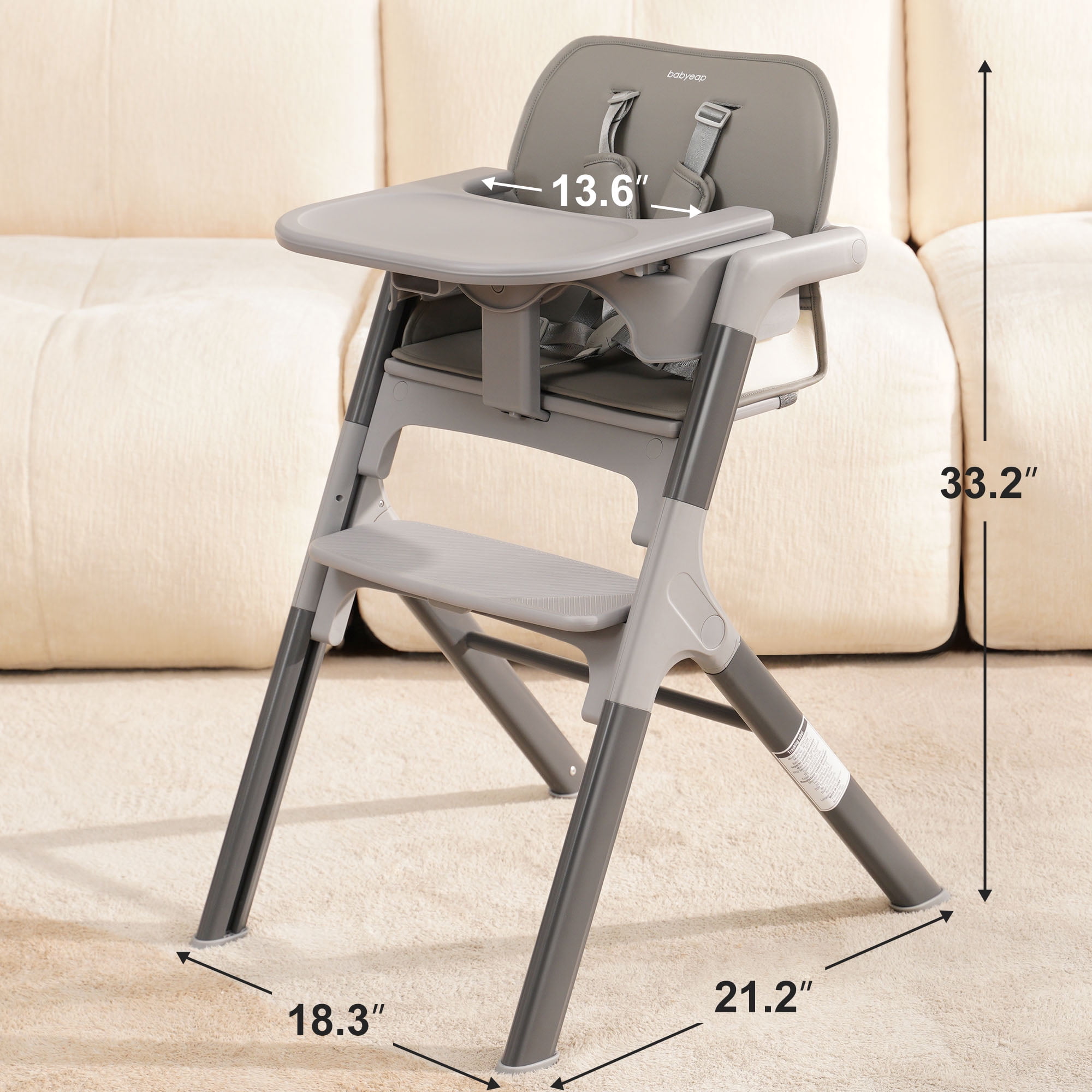 Babyeap 4in1 Convertible Baby High Chair, Transitions from Baby to Adult Stool, 8-Level Adjustable, Foldable, Removable Tray, Gray