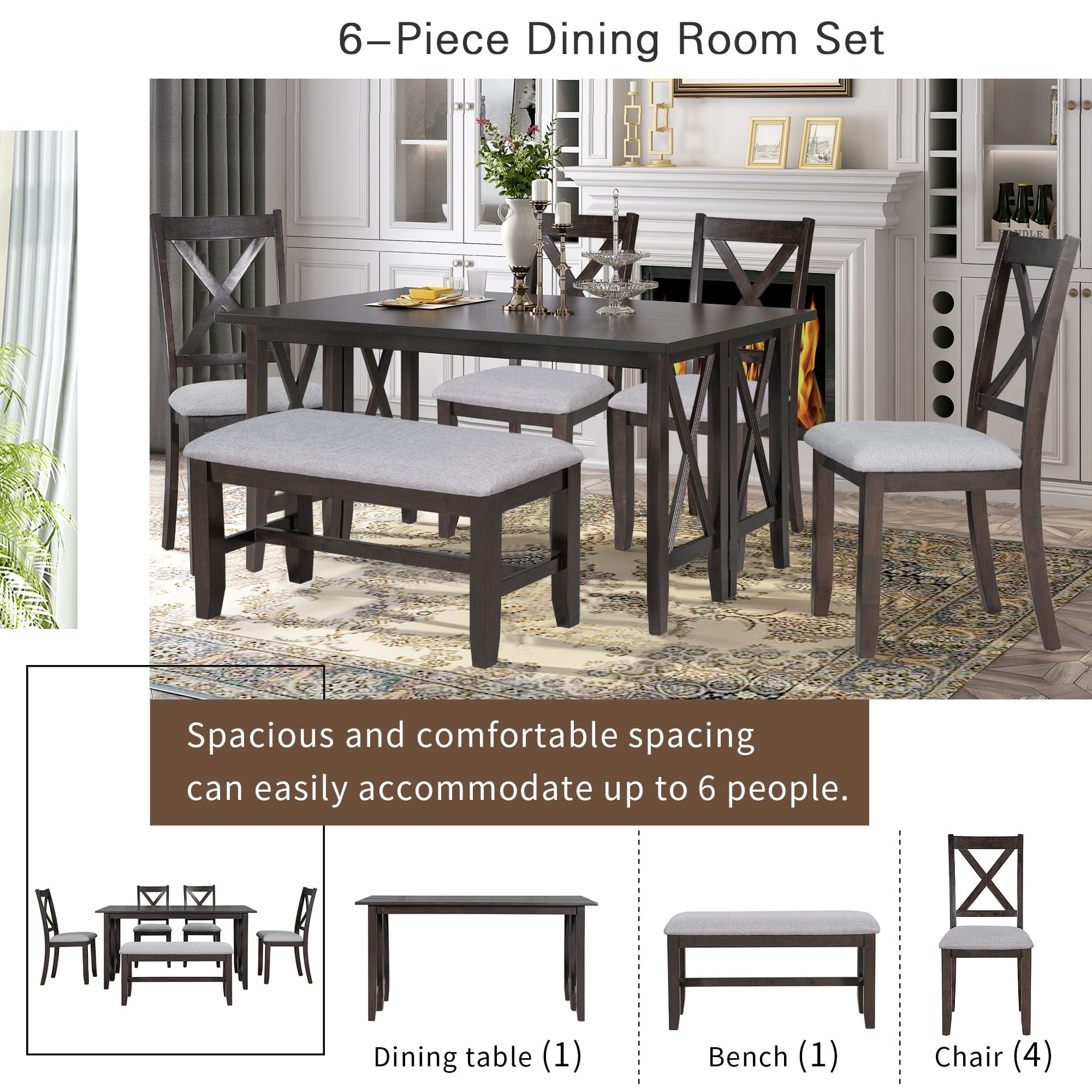Howcool 6-Piece Solid Wood Dining Set, Space Saving Foldable Table, 4 Chairs & Bench, Espresso