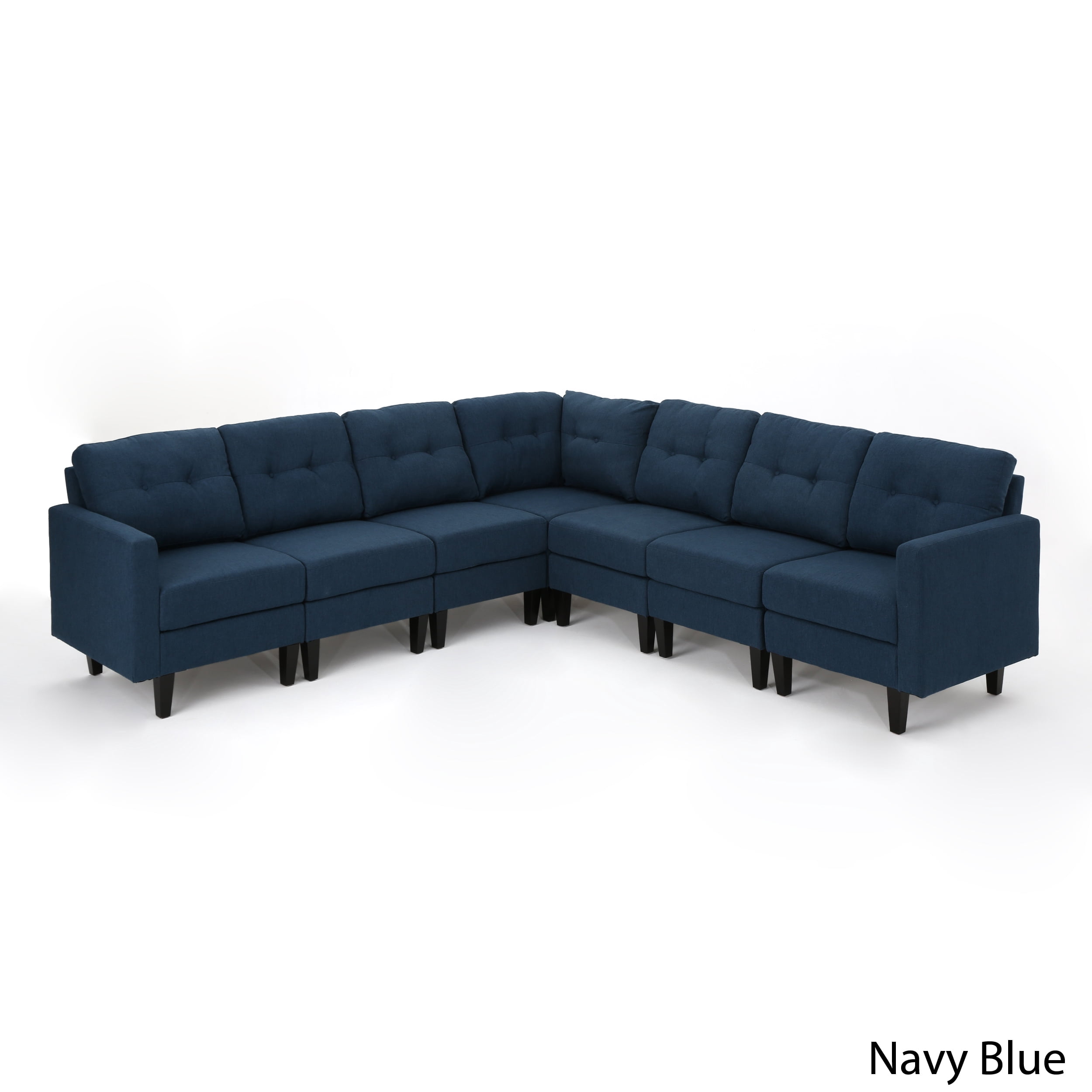 Noble House Miller Contemporary 7 Piece Fabric Extended Sectional Sofa, Navy Blue