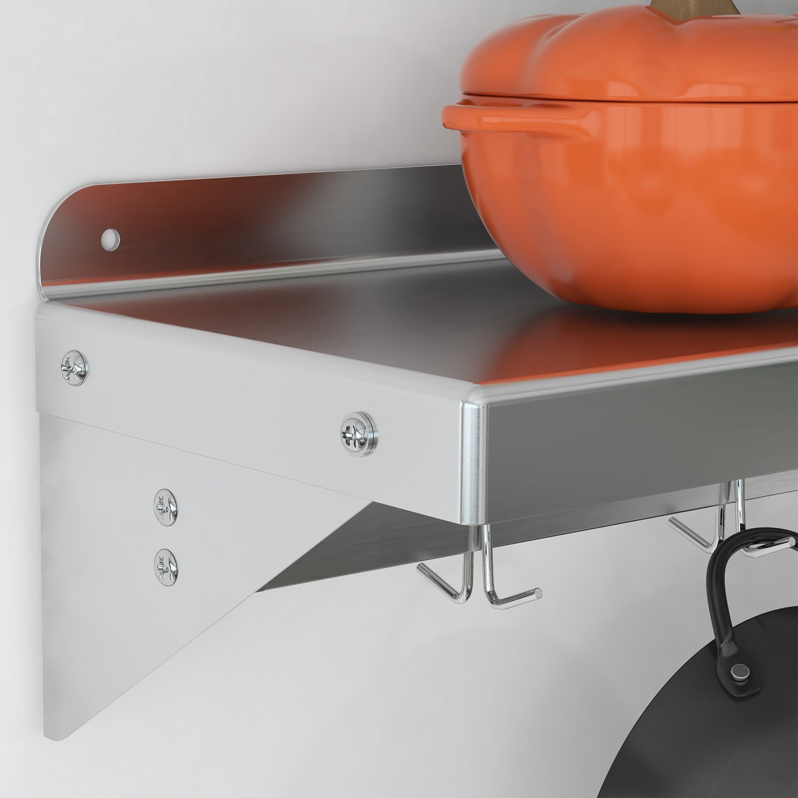 48" Stainless Steel Wall Shelf with Hooks, NSF Kitchen Storage Rack with Backsplash, Heavy-Duty Metal Organizer for Home & Commercial Kitchens