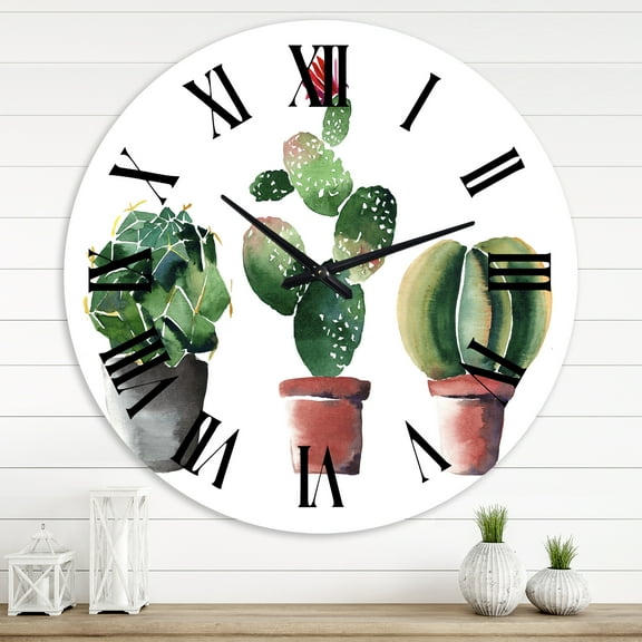 Designart 'Three Cactus In Clay Pots' Traditional Wall Clock