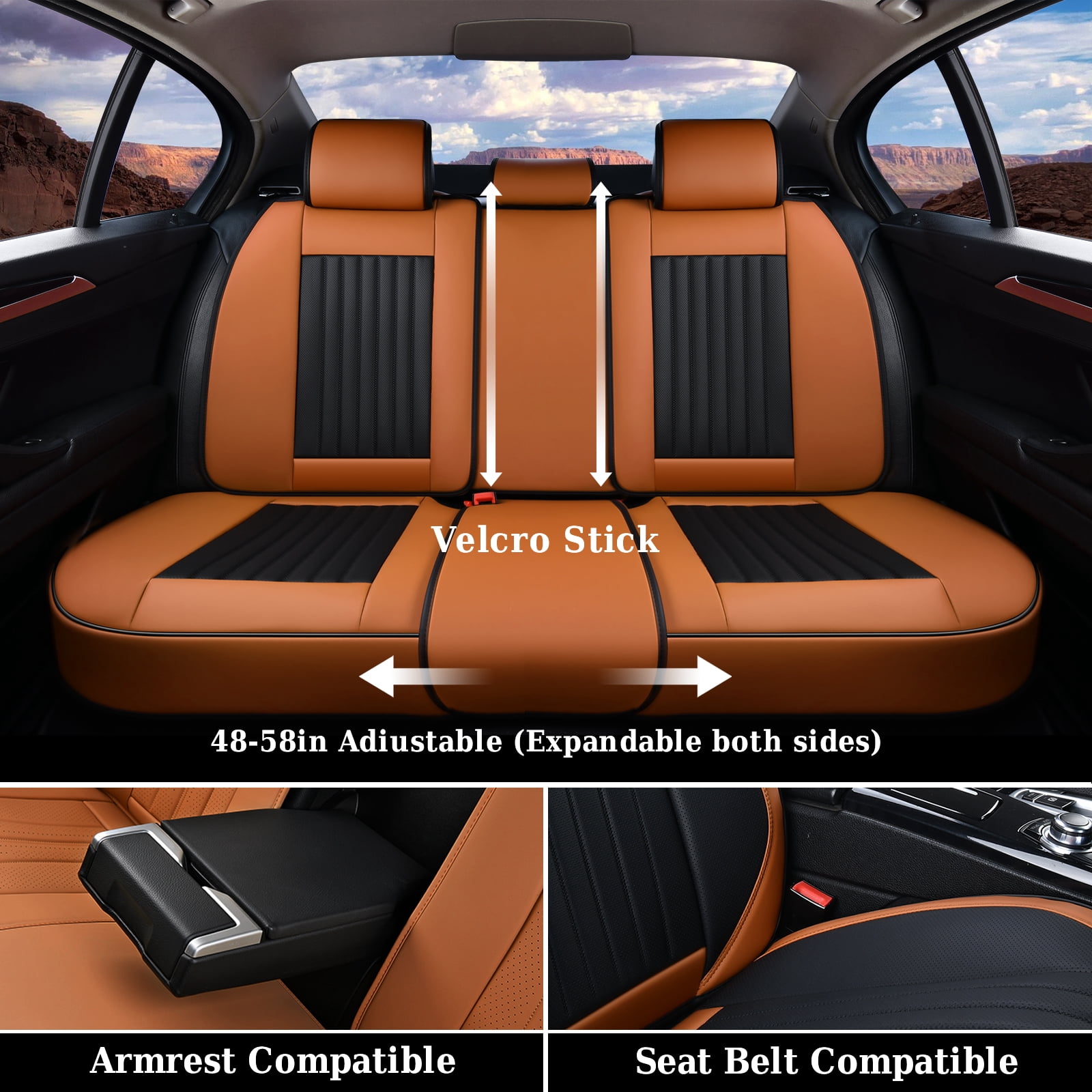 Coverado Car Seat Covers Full Set, Black&Brown Front and Rear Seat Protectors, Waterproof Faux Leather Universal Fit for Most Cars