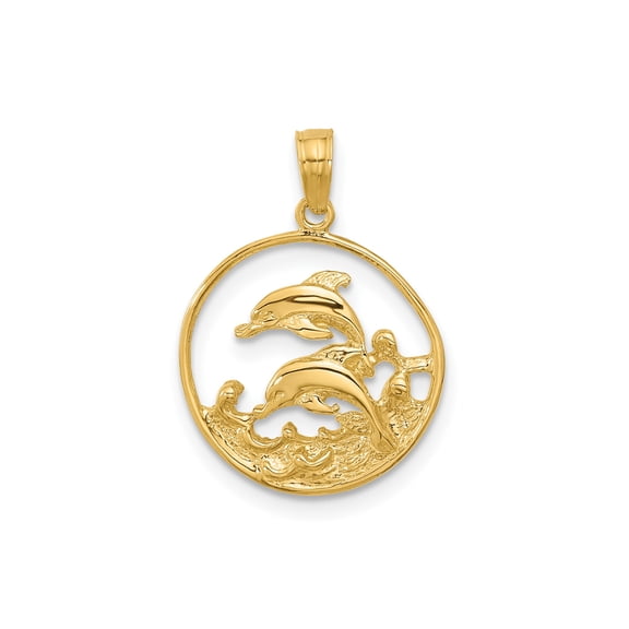 14k Yellow Gold Two Dolphin Ocean Wave Circle Pendant Charm, Polished
