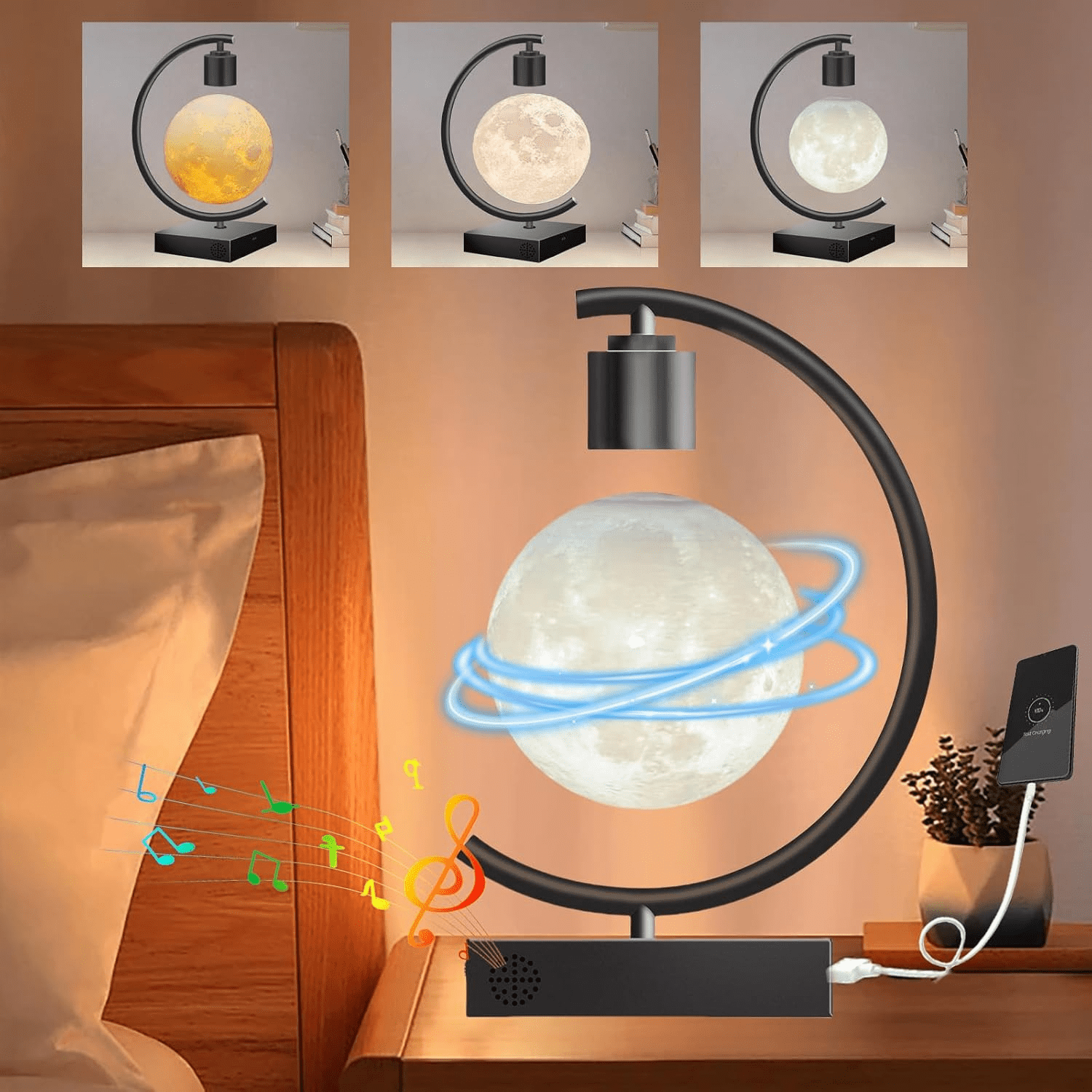 Levitating Moon Lamp with Speaker, 3D Magnetic Floating Night Light, 3 Color LED Planet Lamp with Fast Charger, Wood Base Desk Decor for Bedroom Living Room Gifts