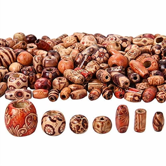 400 Pieces Printed Wooden Beads Various Shapes Loose Wood Beads for Jewelry Making DIY Bracelet Necklace Hair Crafts