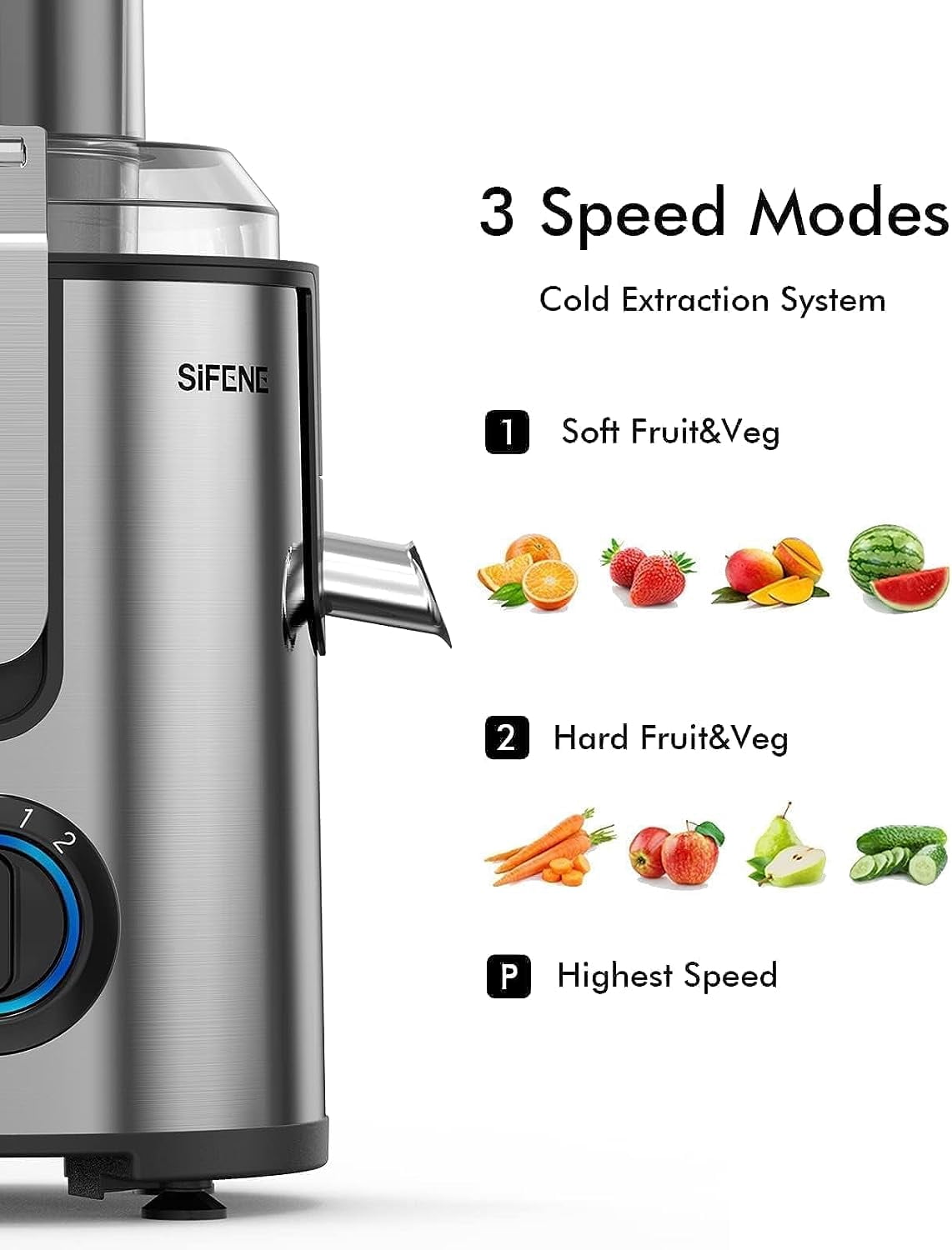 SiFENE Pro 800 W 3-Speed Centrifugal Juicer, Silver