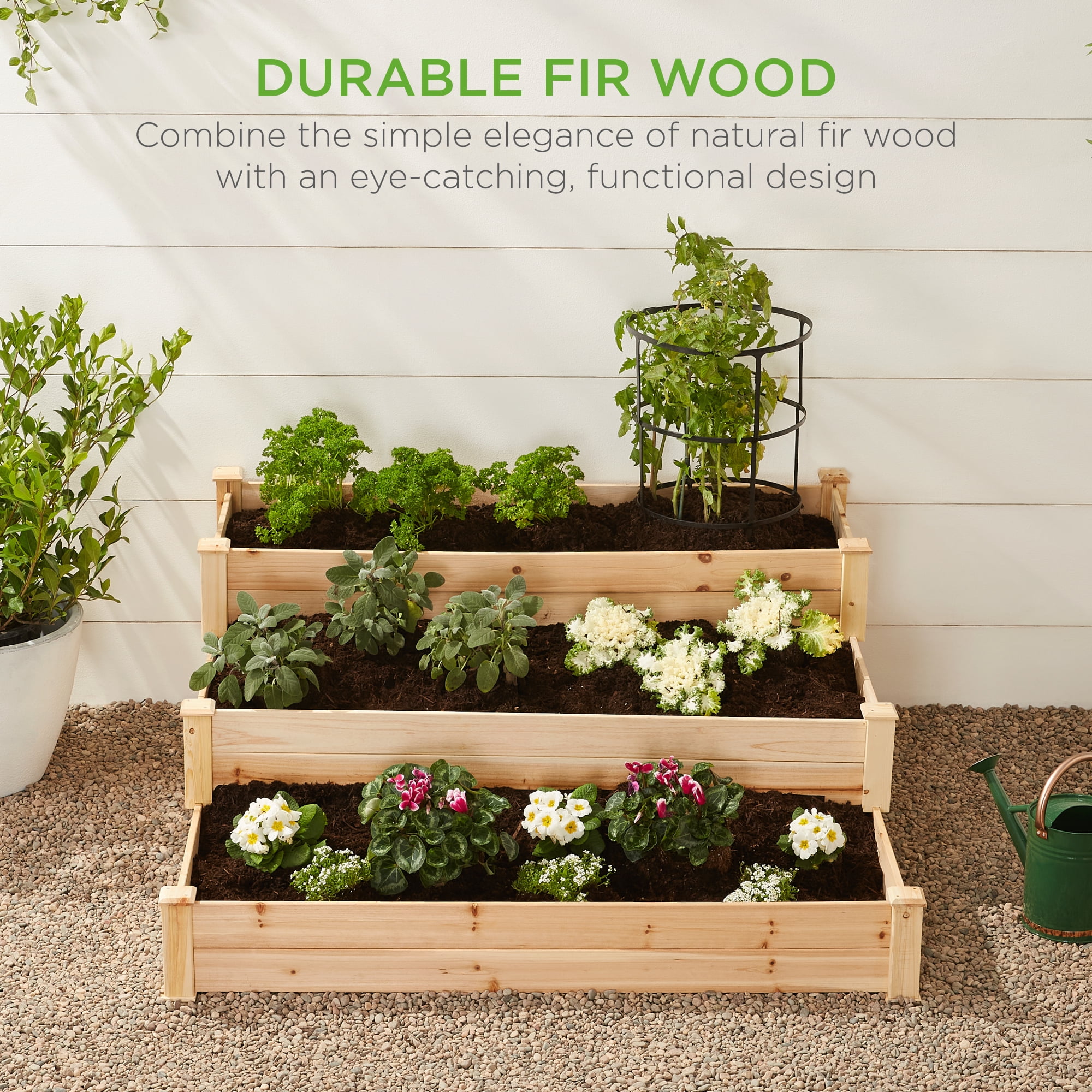 Best Choice Products 3-Tier Fir Wood Raised Garden Bed Planter for Plants, Vegetables, Outdoor Gardening - Natural
