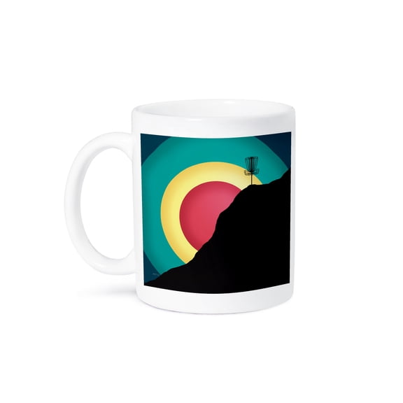 3dRose, Extreme Disc Golf - colorful circles and disc golf basket silhouette, 11oz Mug