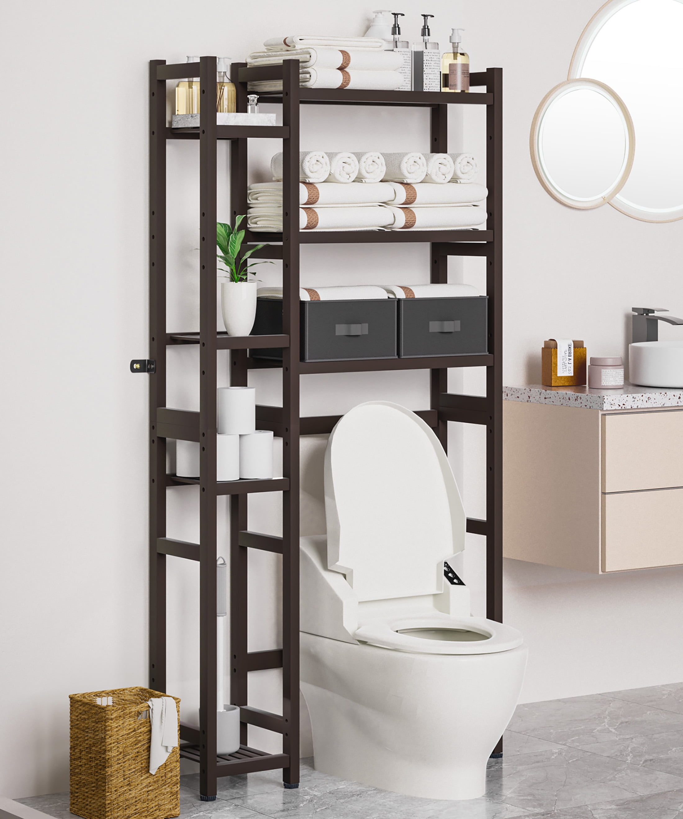 Enogets Over the Toilet Storage, Bamboo Bathroom Organizer with Adjustable Rack, Basket, Drawer & Waterproof feet